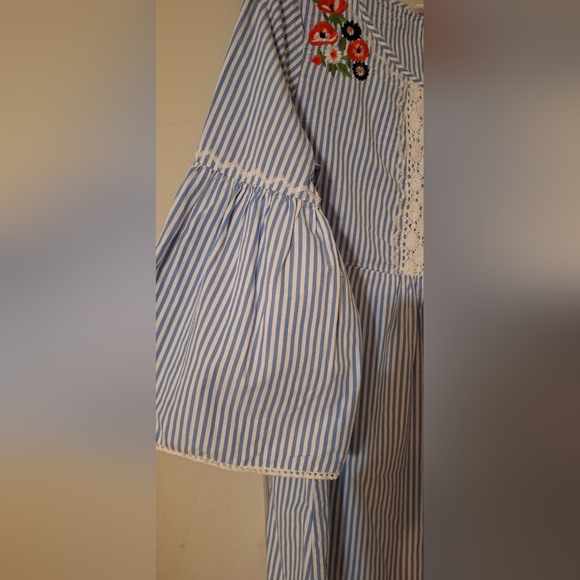 Crown & ivy medium floral embroidery lace blue and white stripe peplum top - Picture 2 of 9